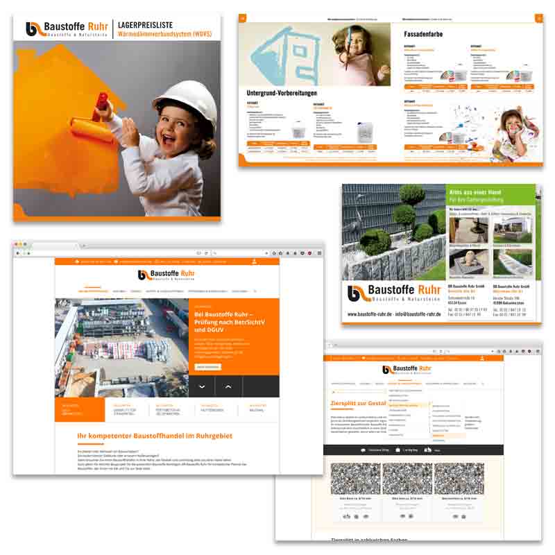 Baustoffhandel Referenz: Broschüren, Anzeigen, Website